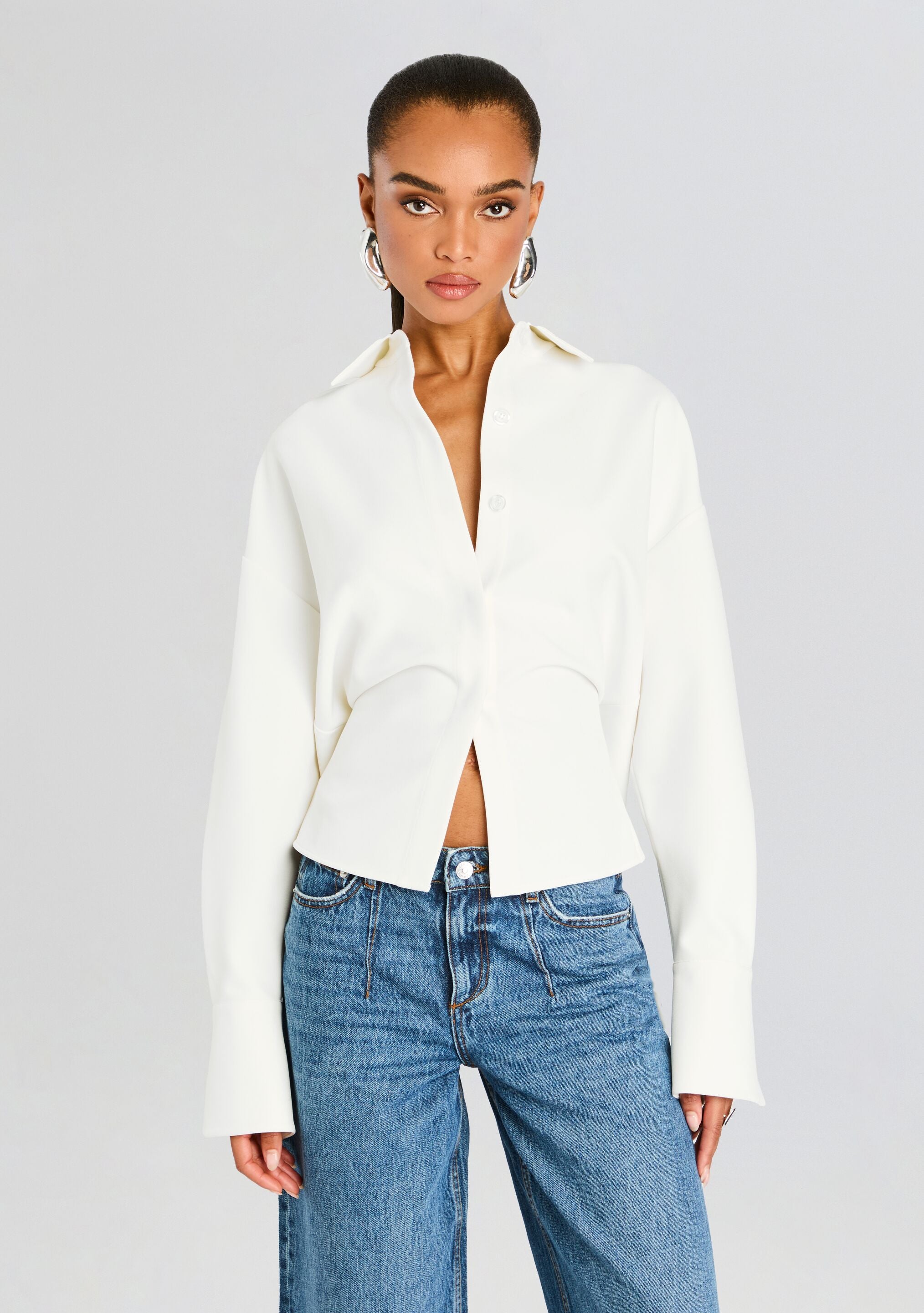 Rhia Crepe Draped Button Down-Stylulu