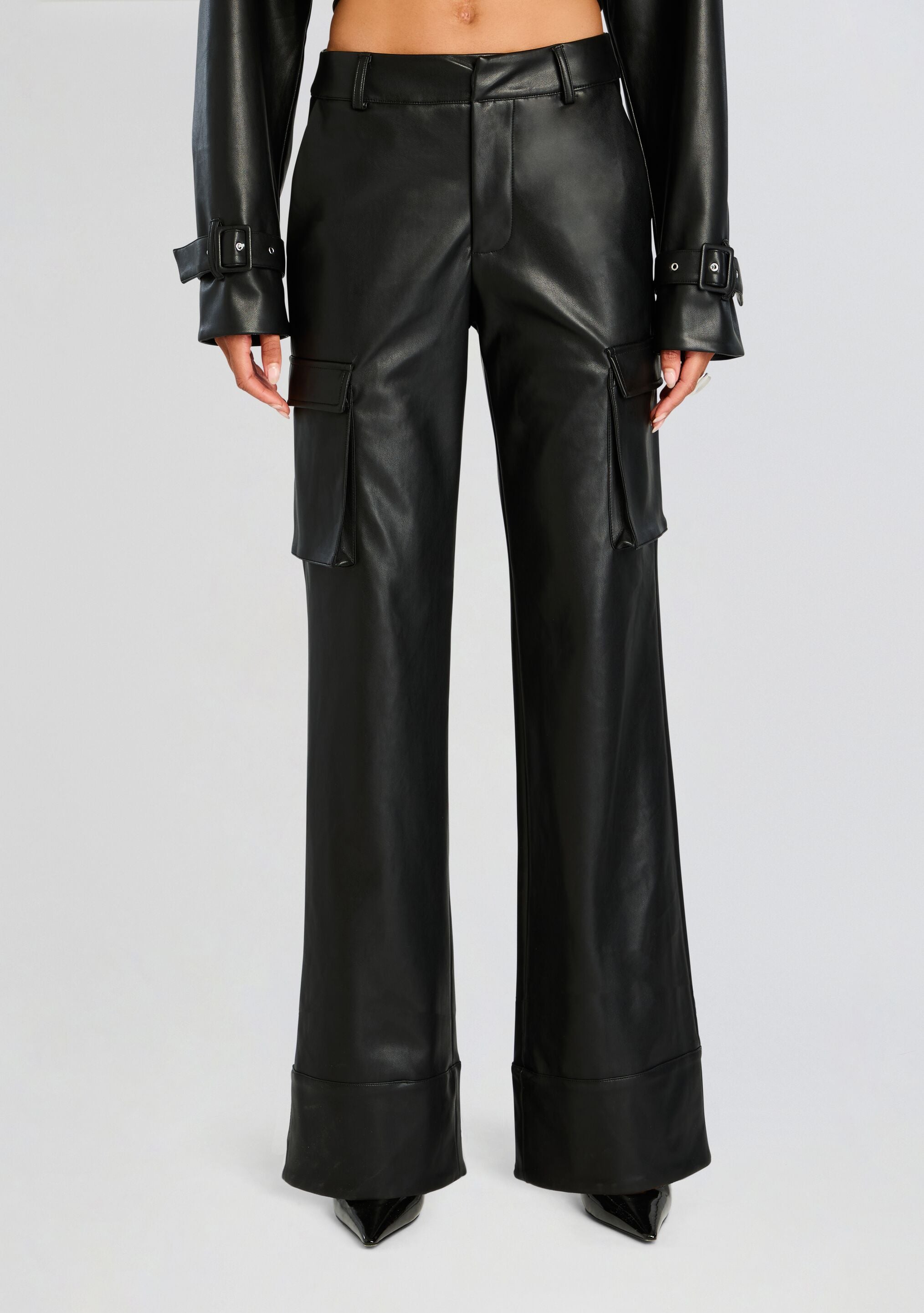 Fifer Vegan Leather Mid Rise Cargo Pant-Stylulu