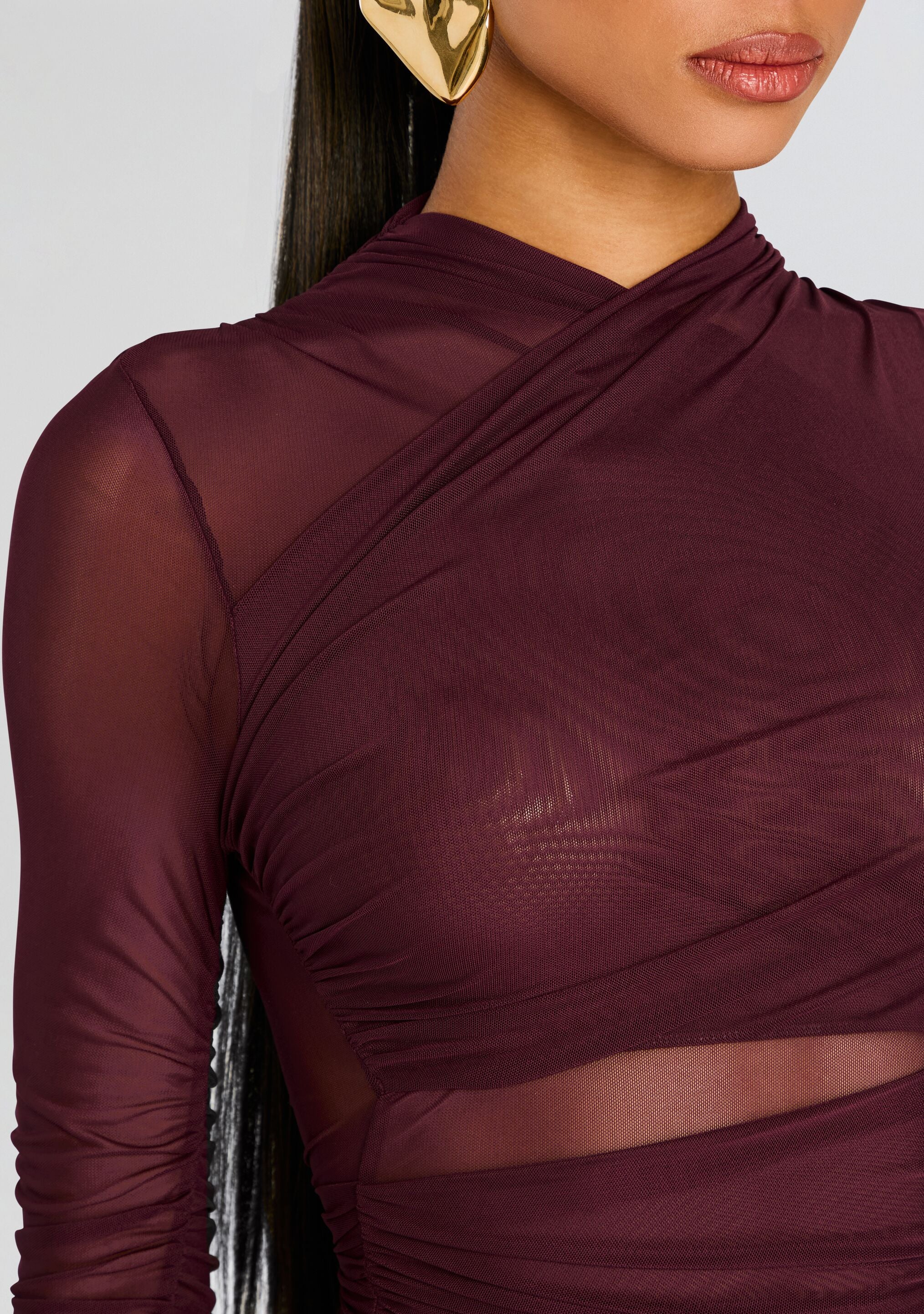 Moxey Ruched Mesh Mini Dress-Stylulu