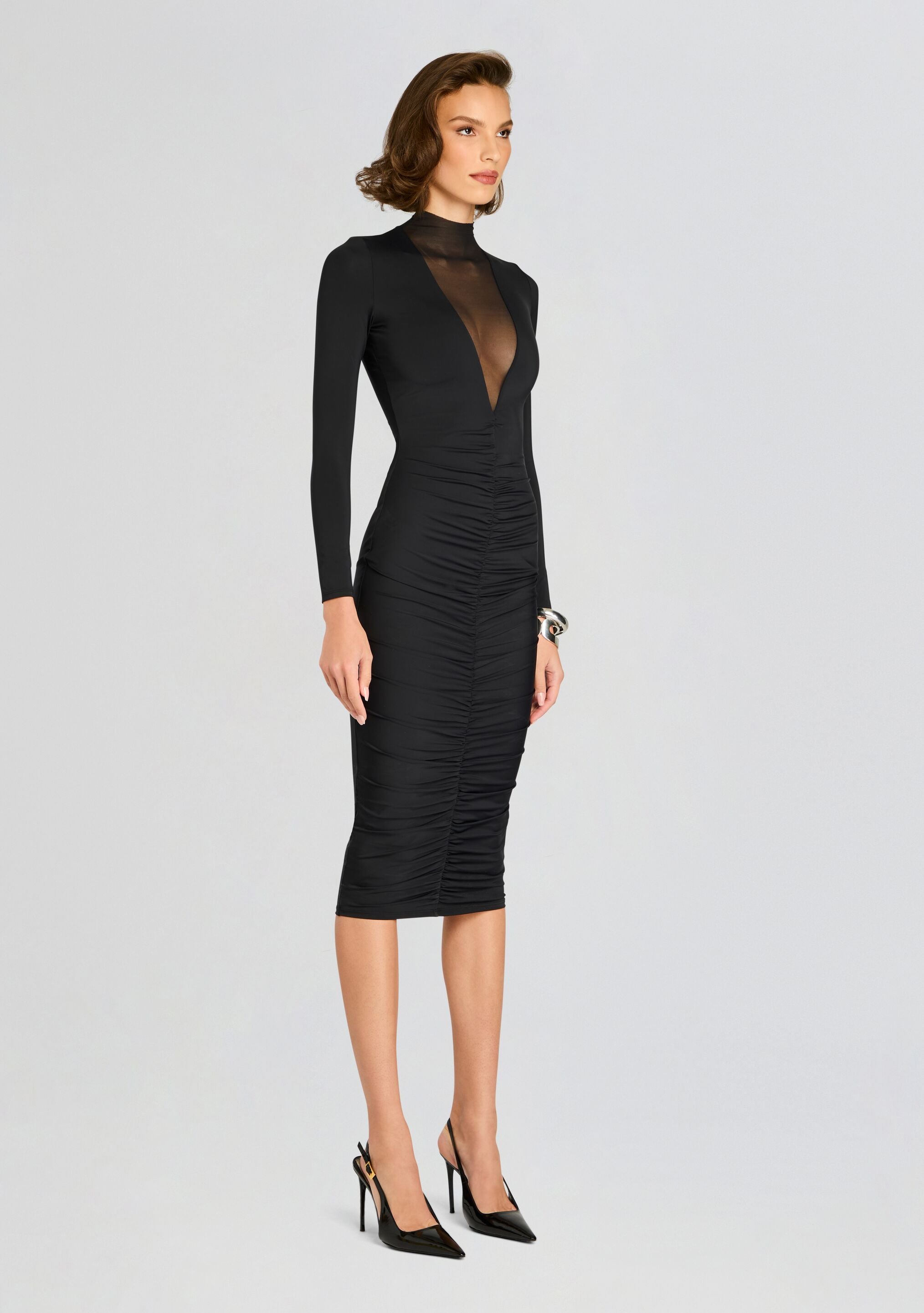 Priyanka Mesh V-Cut Midi Dress-Stylulu