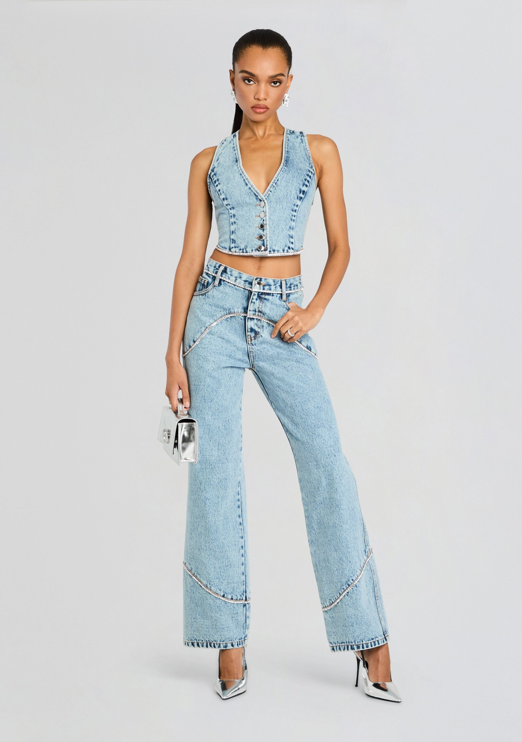 Jordi Embellished Denim Vest-Stylulu