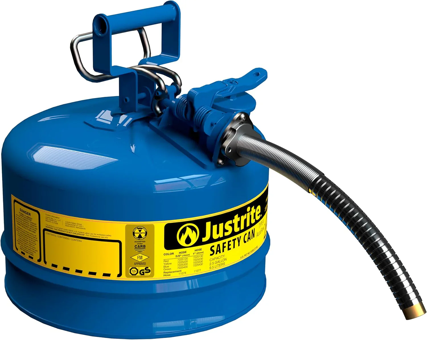 Justrite 5-Gallon Type II Red Safety Gas Can �� OSHA-Approved Steel Fuel Container with Flame Arrester, Self-Closing Lid & 1" Flexible Spout (7250130)