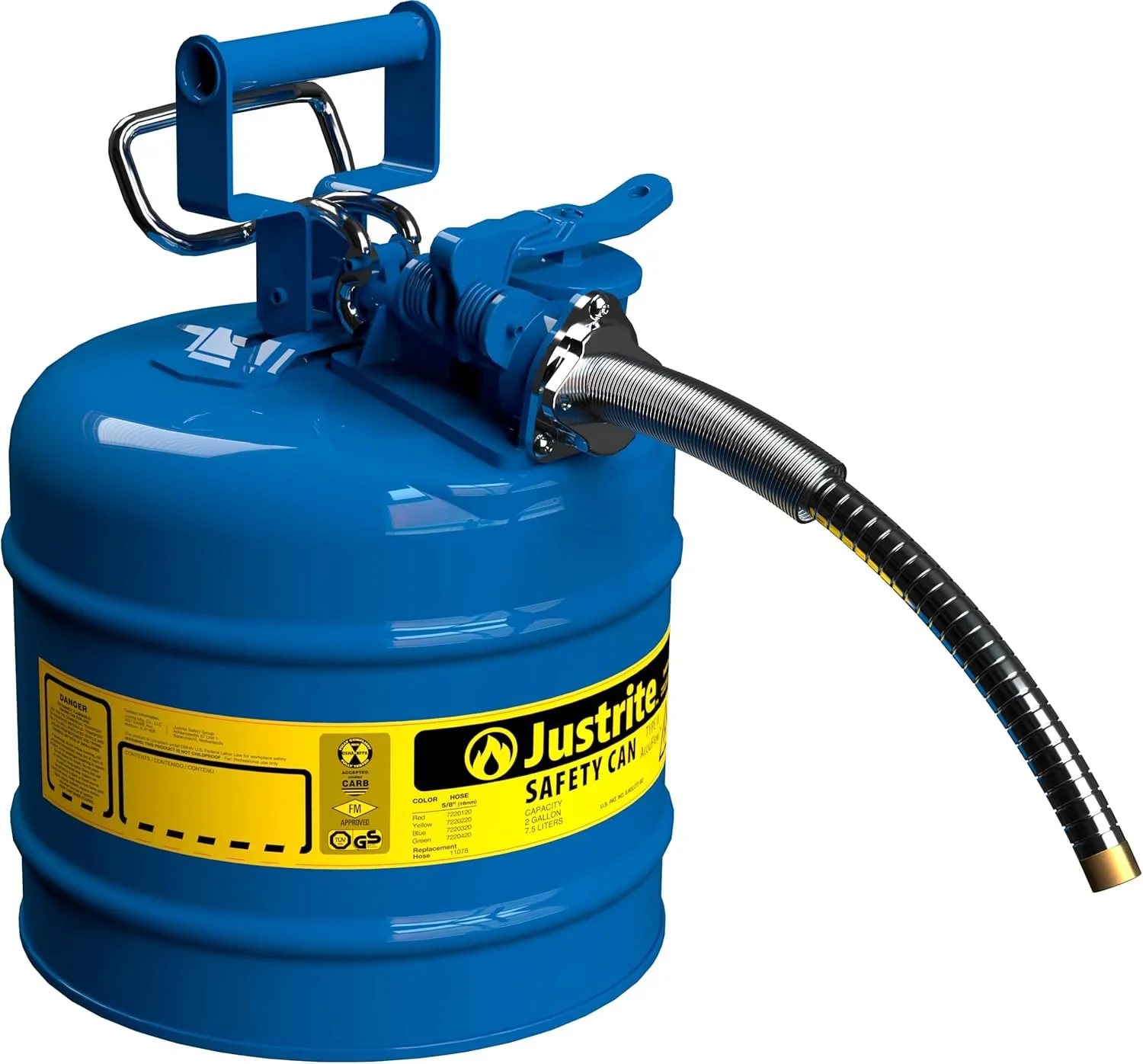 Justrite 5-Gallon Type II Red Safety Gas Can �� OSHA-Approved Steel Fuel Container with Flame Arrester, Self-Closing Lid & 1" Flexible Spout (7250130)