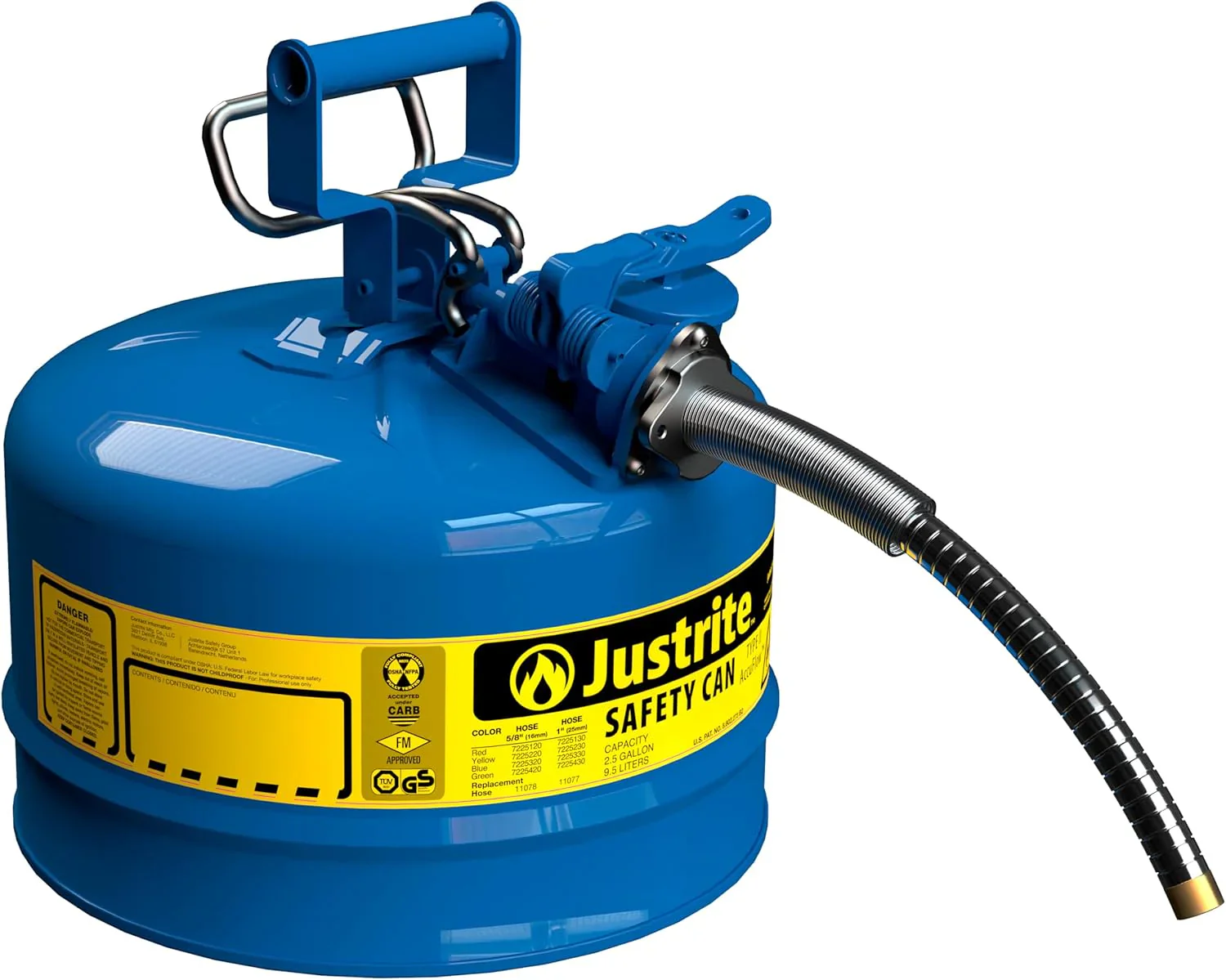 Justrite 5-Gallon Type II Red Safety Gas Can �� OSHA-Approved Steel Fuel Container with Flame Arrester, Self-Closing Lid & 1" Flexible Spout (7250130)