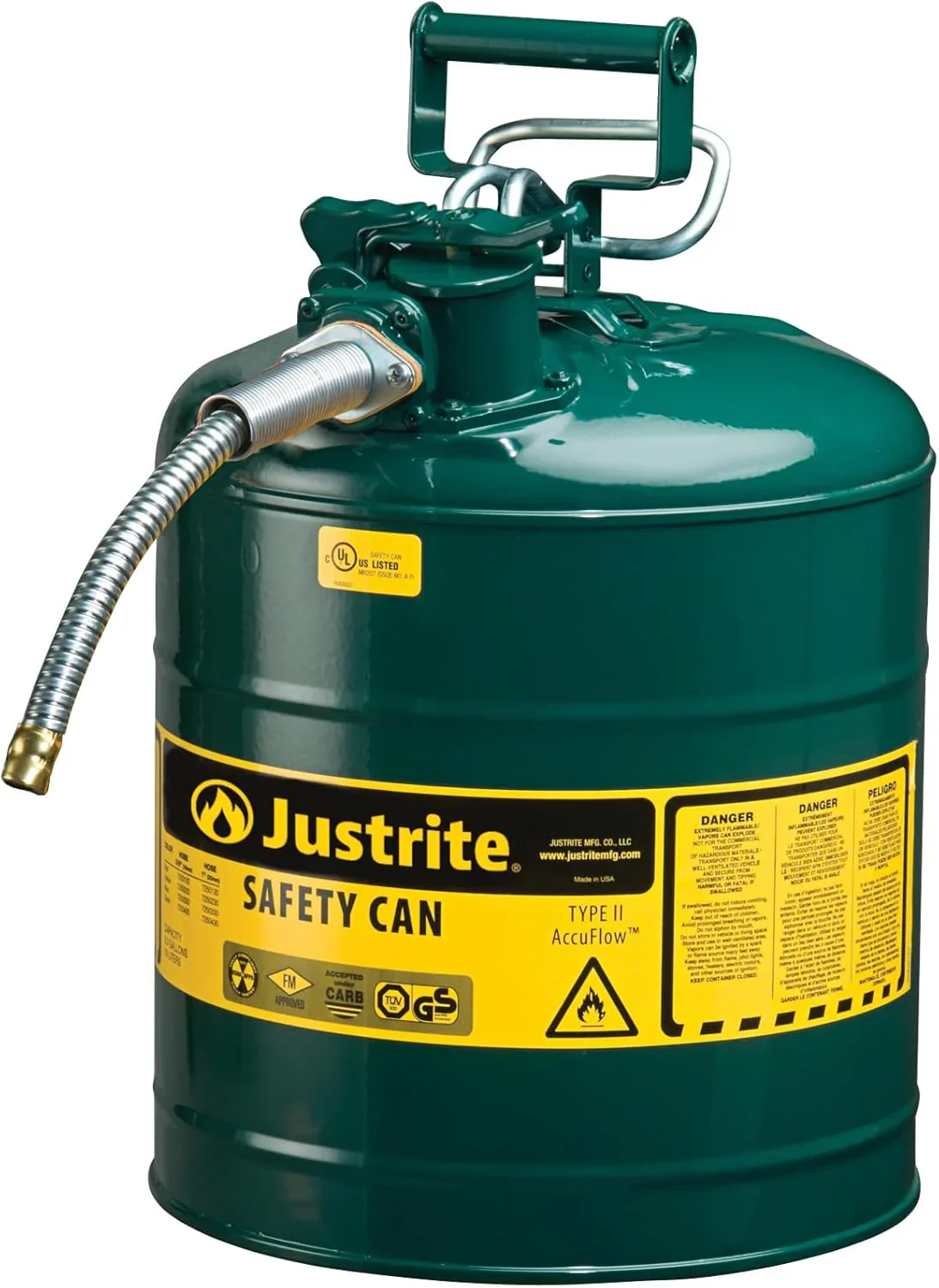Justrite 5-Gallon Type II Red Safety Gas Can �� OSHA-Approved Steel Fuel Container with Flame Arrester, Self-Closing Lid & 1" Flexible Spout (7250130)