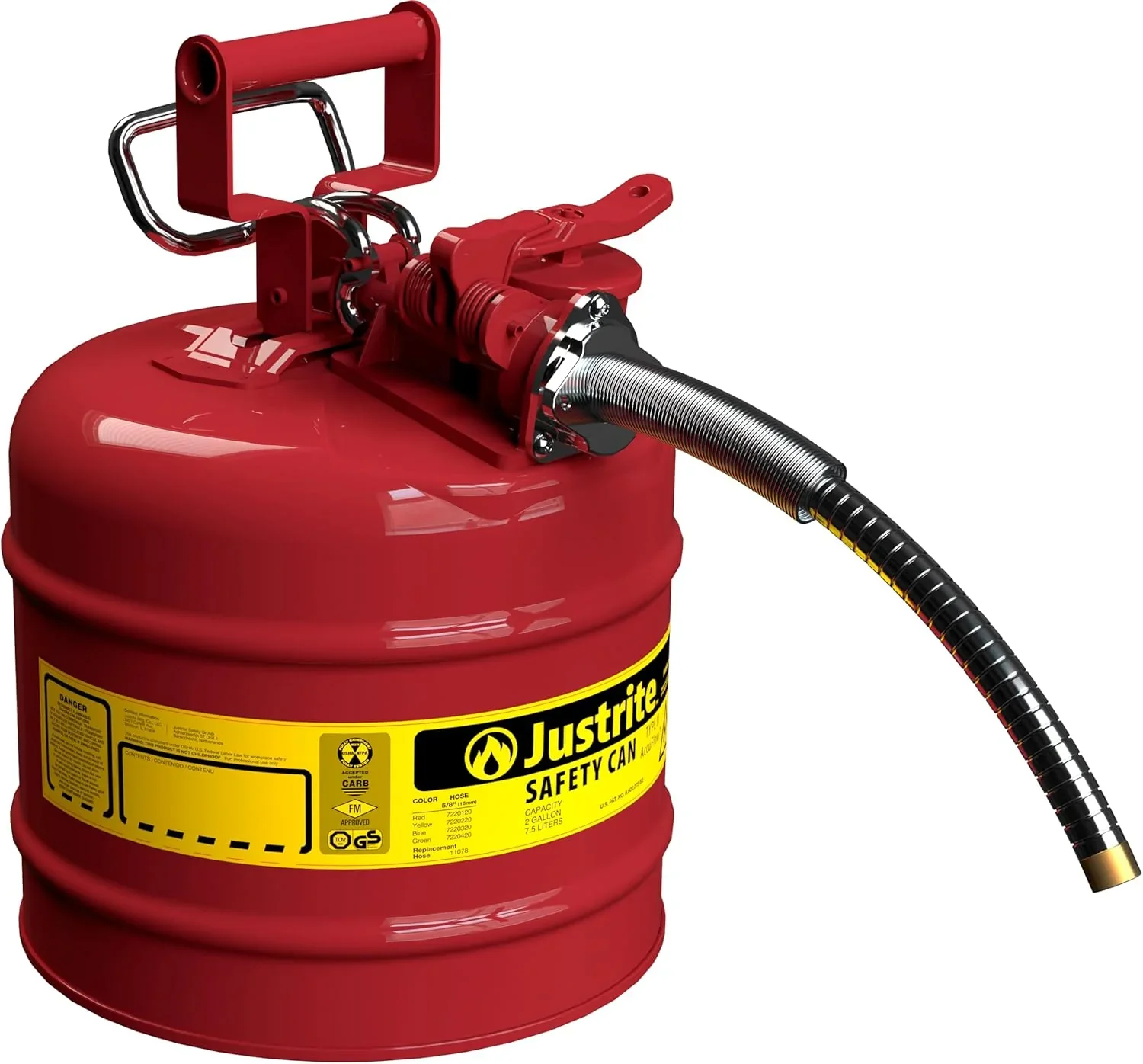 Justrite 5-Gallon Type II Red Safety Gas Can �� OSHA-Approved Steel Fuel Container with Flame Arrester, Self-Closing Lid & 1" Flexible Spout (7250130)