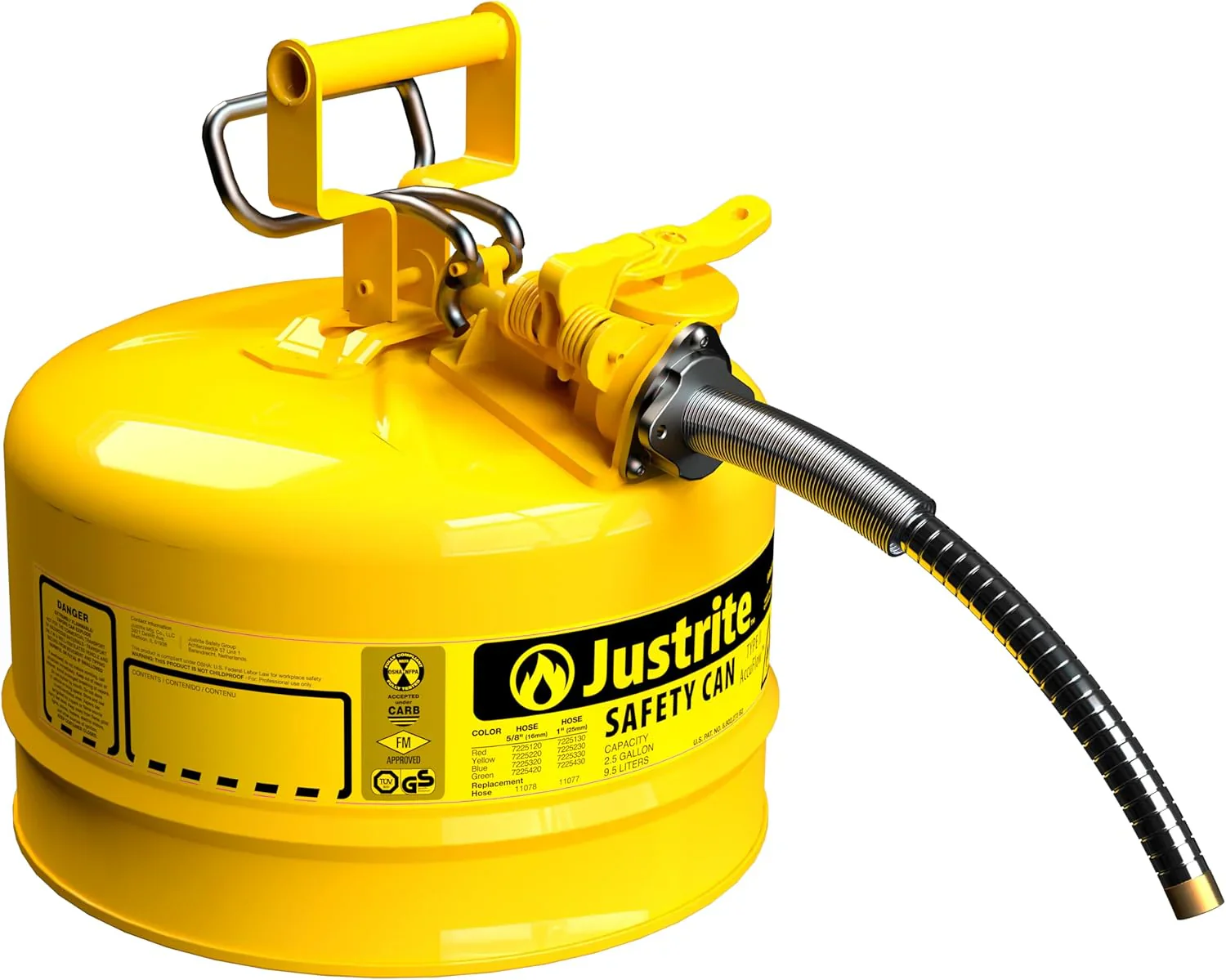 Justrite 5-Gallon Type II Red Safety Gas Can �� OSHA-Approved Steel Fuel Container with Flame Arrester, Self-Closing Lid & 1" Flexible Spout (7250130)