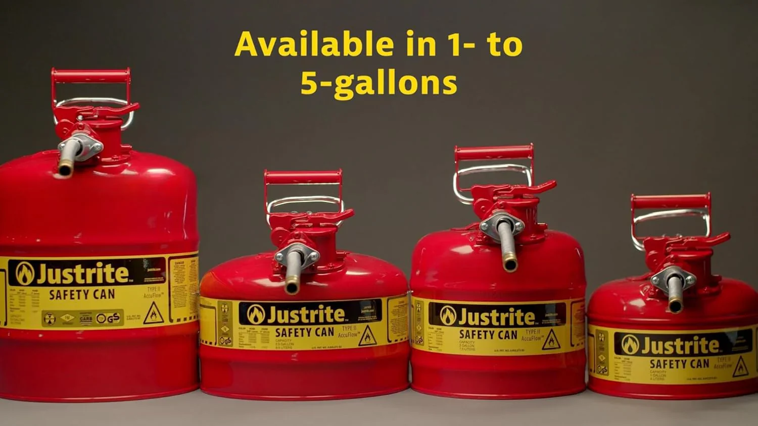 Justrite 5-Gallon Type II Red Safety Gas Can �� OSHA-Approved Steel Fuel Container with Flame Arrester, Self-Closing Lid & 1" Flexible Spout (7250130)