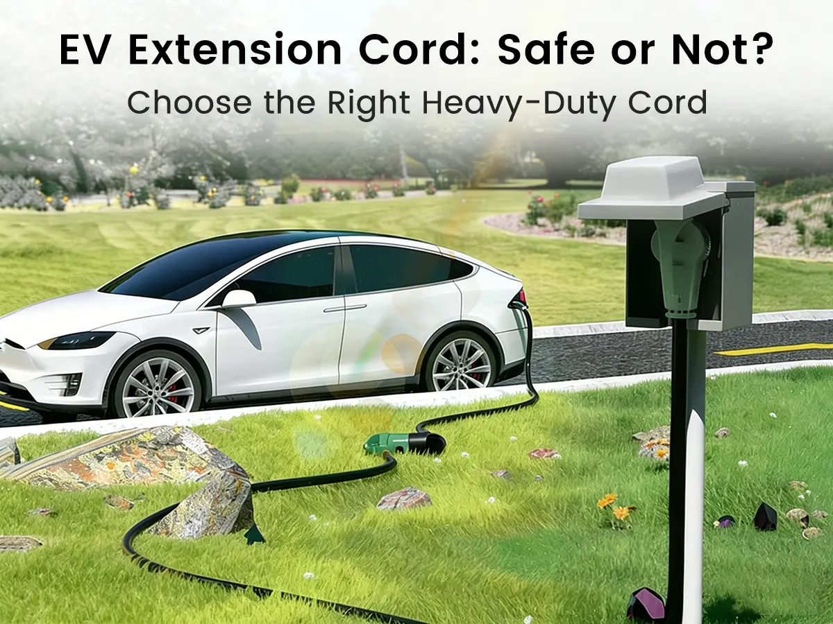 A heavy-duty Vantecable EV extension cord connects a Tesla Model 3 to a NEMA 14-50 outlet, illustrating the blog guide on choosing safe 10 AWG and 12 AWG charging solutions.