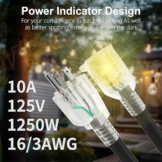 [50ft to 300ft] 16/3 Gauge Black Outdoor Extension Cord, Waterproof SJTW with LED Lighted Indicator