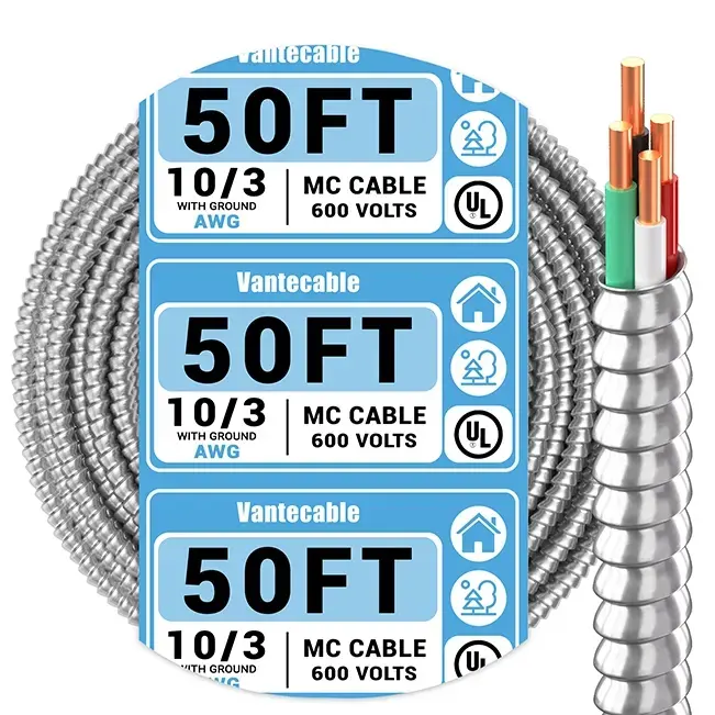 10 AWG MC Cable with Ground, 10 Gauge 2 or 3 Conductors Electrical Wire with Aluminum Armor, Solid Pure Copper Cable,UL Listed