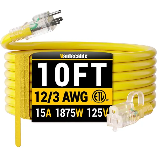 [6ft to 500ft] 12/3 Gauge Heavy Duty Outdoor Extension Cord, with LED Lighted End,yellow,Waterproof,ETL,flexible