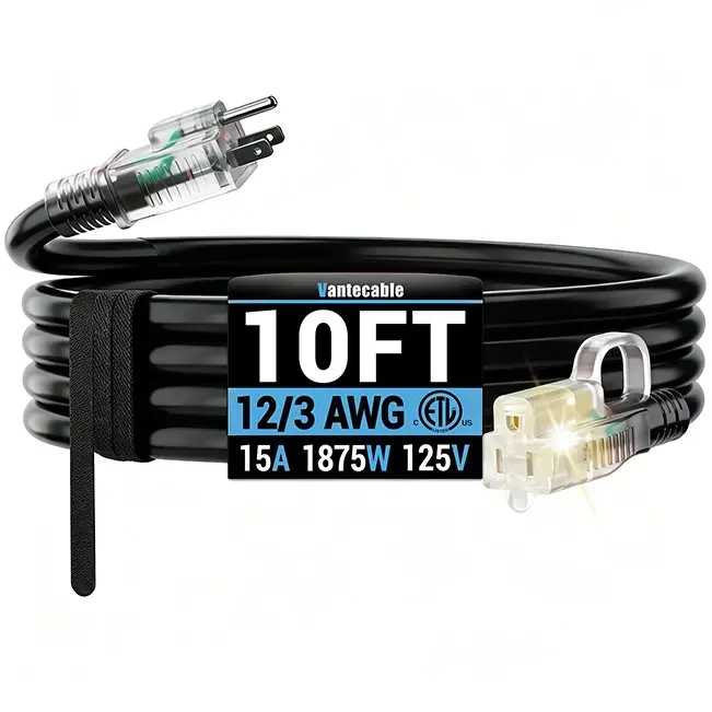 [10ft to 150ft] 12/3 Gauge Heavy Duty Outdoor Extension Cord, Waterproof with LED Lighted End,black,Waterproof,ETL,flexible