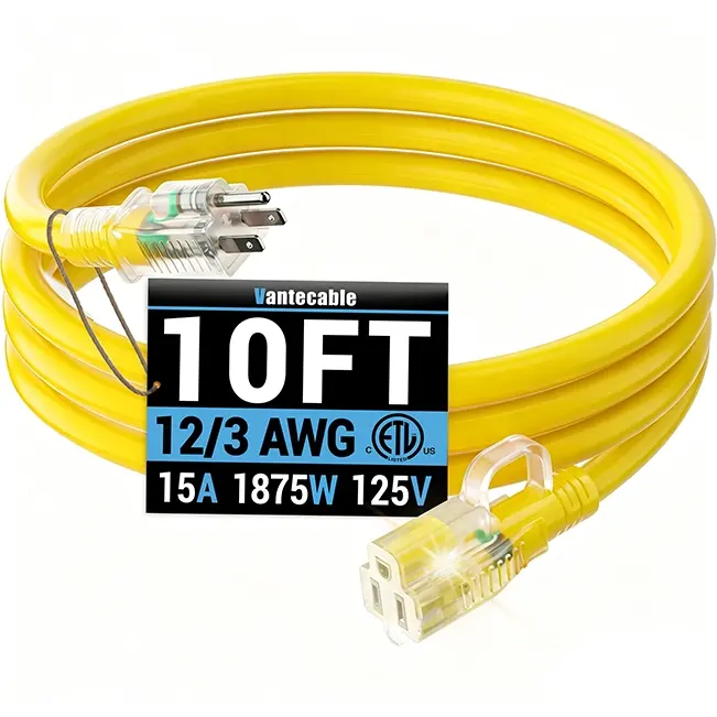 12/3 Gauge Outdoor Extension Cord with LED Lighted End, SJTW, ETL Listed, 6-100 ft