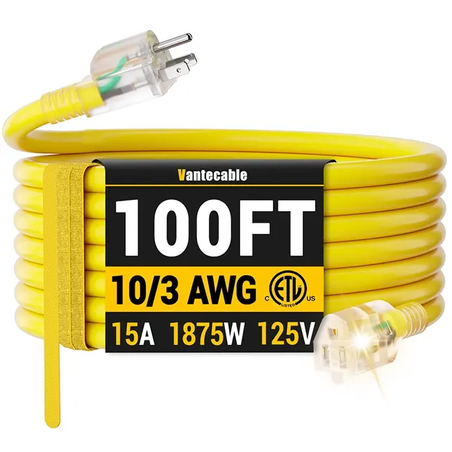 [25ft to 200ft] 10/3 Gauge Ultra Heavy Duty Outdoor Extension Cord, Waterproof with LED Lighted Indicator,yellow,Waterproof,ETL,flexible