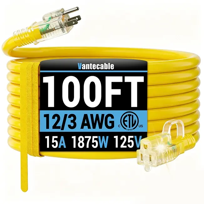 12/3 Gauge Outdoor Extension Cord with LED Lighted End, SJTW, ETL Listed, 6-100 ft