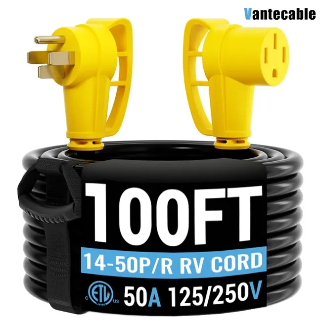 [6ft to 100ft] NEMA 14-50P to NEMA 14-50R 50 Amp RV/EV Extension Cord Outdoor with Grip Handle,yellow,Waterproof,ETL,flexible