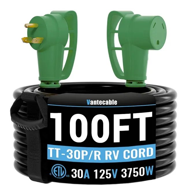 [15ft to 100ft] 10/3 Gauge RV Extension Cord,3 prong,125V,3750W,NEMA TT-30P to TT-30R,with Easy Grip Handle, Yellow/Green,Waterproof,ETL,flexible