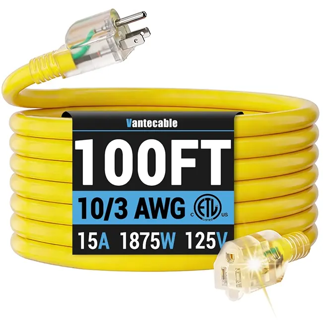 [25ft to 200ft] 10/3 Gauge Ultra Heavy Duty Outdoor Extension Cord, Waterproof with LED Lighted Indicator,yellow,Waterproof,ETL,flexible