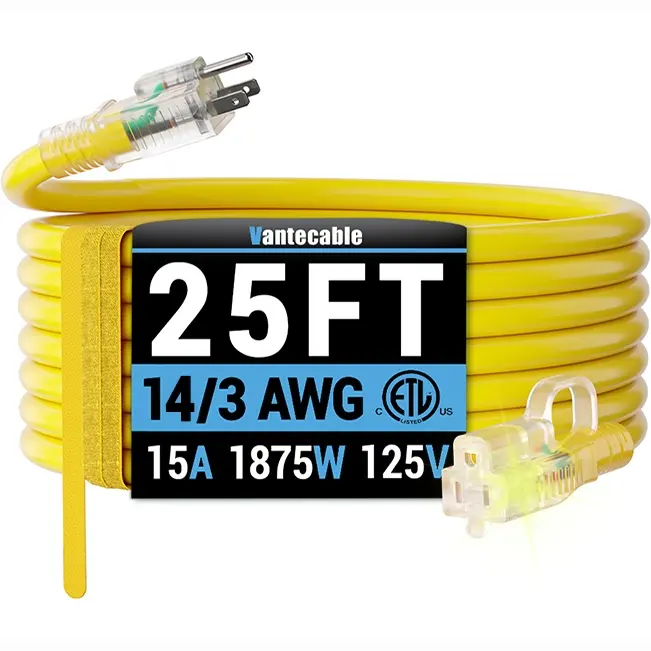 [25ft to 200ft] 14/3 Gauge Heavy Duty Outdoor Extension Cord, Waterproof with LED Lighted Indicator,balck/yellow,Waterproof,ETL,flexible