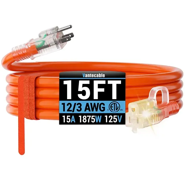[6ft to 250ft] 12/3 Gauge Heavy Duty Outdoor Extension Cord, Waterproof with LED Lighted End,orange,ETL,flexible