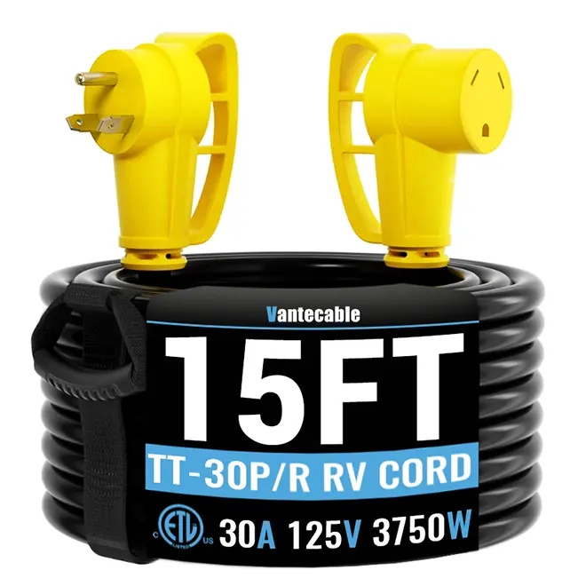 [15ft to 100ft] 10/3 Gauge RV Extension Cord,3 prong,125V,3750W,NEMA TT-30P to TT-30R,with Easy Grip Handle, Yellow/Green,Waterproof,ETL,flexible