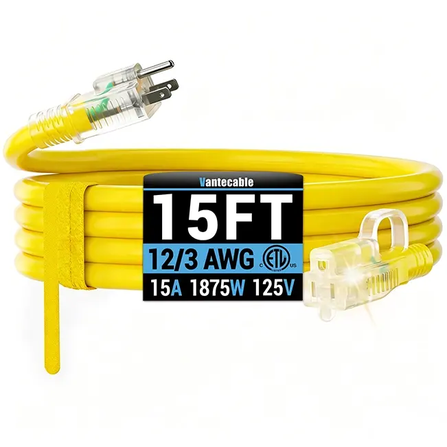 12/3 Gauge Outdoor Extension Cord with LED Lighted End, SJTW, ETL Listed, 6-100 ft
