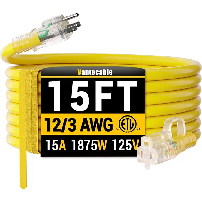 [6ft to 500ft] 12/3 Gauge Heavy Duty Outdoor Extension Cord, with LED Lighted End,yellow,Waterproof,ETL,flexible