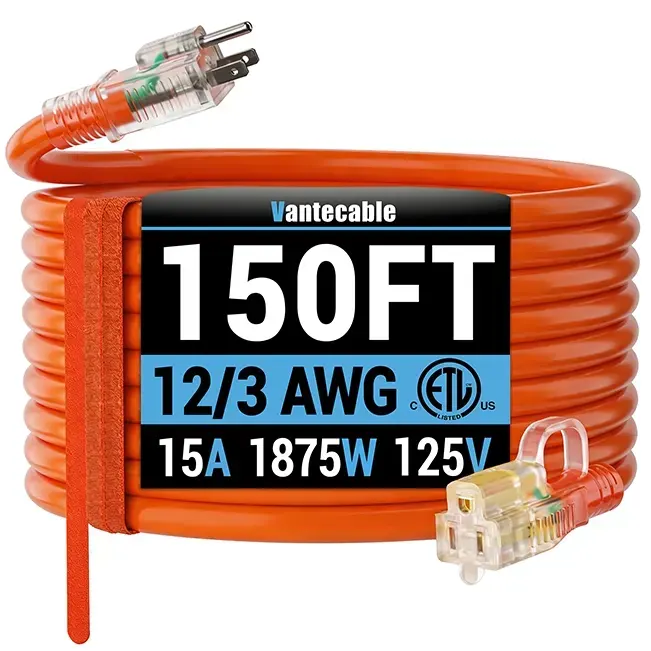 [6ft to 250ft] 12/3 Gauge Heavy Duty Outdoor Extension Cord, Waterproof with LED Lighted End,orange,ETL,flexible