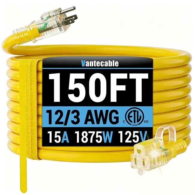 12/3 Gauge Outdoor Extension Cord with LED Lighted End, SJTW, ETL Listed, 6-100 ft