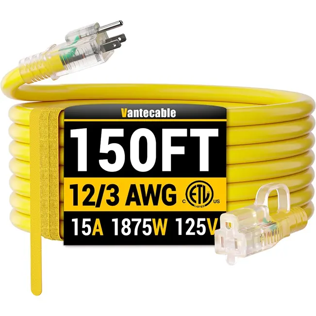 [6ft to 500ft] 12/3 Gauge Heavy Duty Outdoor Extension Cord, with LED Lighted End,yellow,Waterproof,ETL,flexible