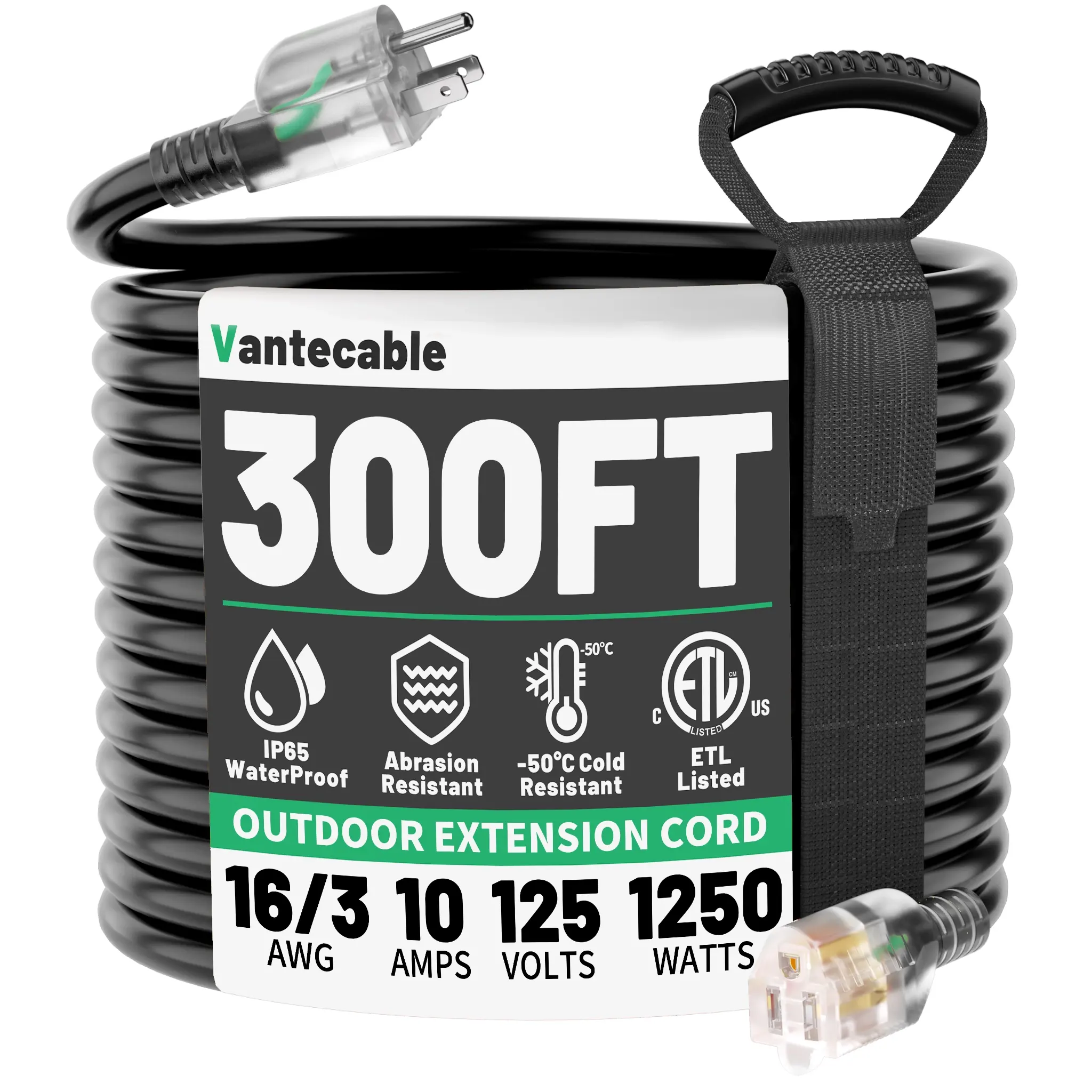[50ft to 300ft] 16/3 Gauge Black Outdoor Extension Cord, Waterproof SJTW with LED Lighted Indicator