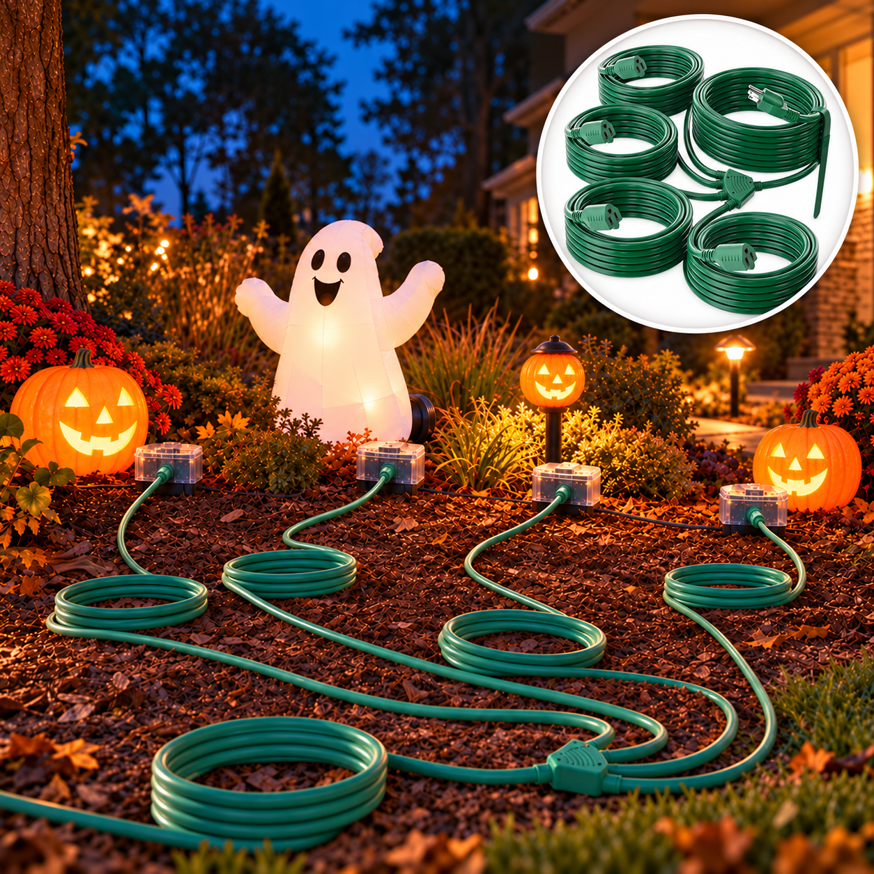 Multi-outlet branch extension cord with 4 independent branches, green jacket