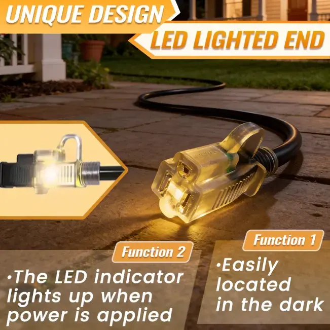[10ft to 150ft] 12/3 Gauge Heavy Duty Outdoor Extension Cord, Waterproof with LED Lighted End,black,Waterproof,ETL,flexible