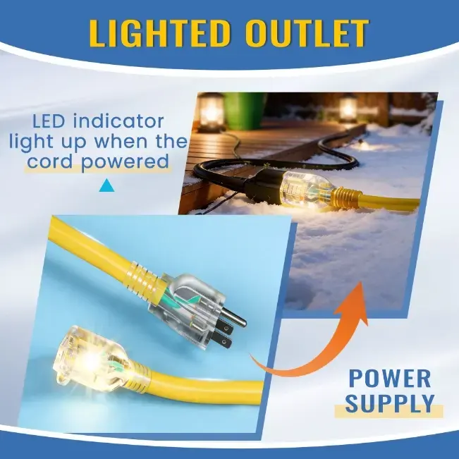 [25ft to 200ft] 10/3 Gauge Ultra Heavy Duty Outdoor Extension Cord, Waterproof with LED Lighted Indicator,yellow,Waterproof,ETL,flexible