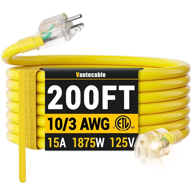 [25ft to 200ft] 10/3 Gauge Ultra Heavy Duty Outdoor Extension Cord, Waterproof with LED Lighted Indicator,yellow,Waterproof,ETL,flexible