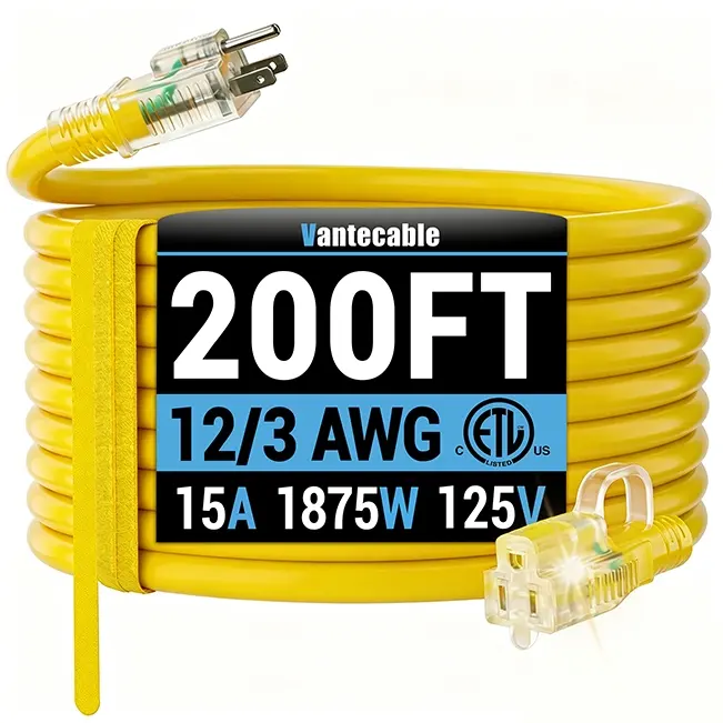 12/3 Gauge Outdoor Extension Cord with LED Lighted End, SJTW, ETL Listed, 6-100 ft