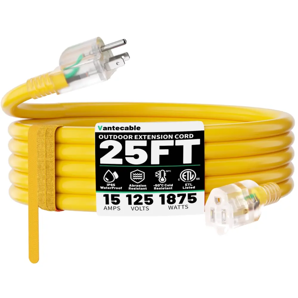 25 ft 14/3 Gauge Heavy Duty Outdoor Extension Cord Waterproof with Lighted-Vantecable