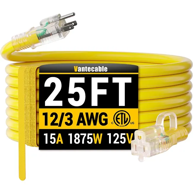 [6ft to 500ft] 12/3 Gauge Heavy Duty Outdoor Extension Cord, with LED Lighted End,yellow,Waterproof,ETL,flexible