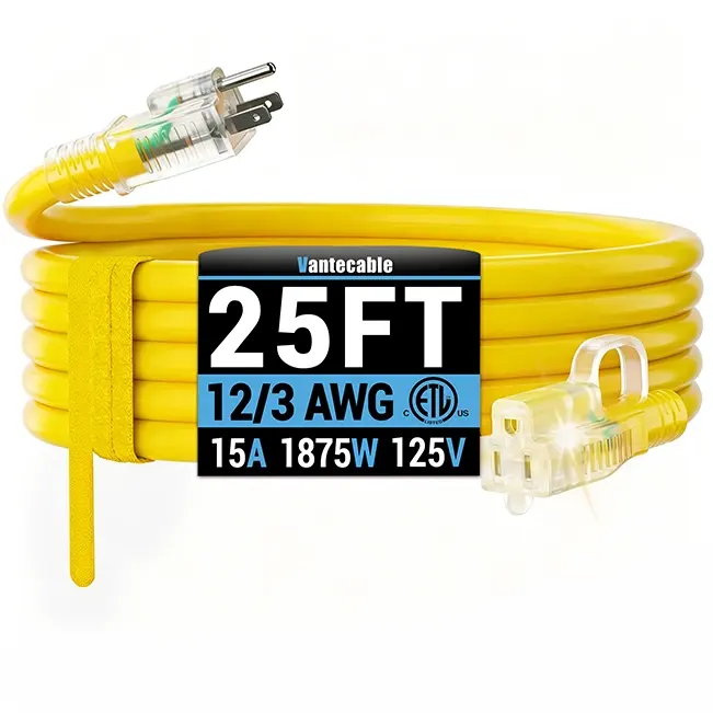 12/3 Gauge Outdoor Extension Cord with LED Lighted End, SJTW, ETL Listed, 6-100 ft