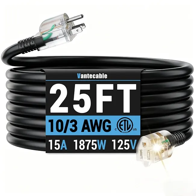 [25ft to 200ft] 10/3 Gauge Ultra Heavy Duty Outdoor Extension Cord, Waterproof with LED Lighted Indicator,black,Waterproof,ETL,flexible