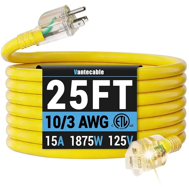 [25ft to 200ft] 10/3 Gauge Ultra Heavy Duty Outdoor Extension Cord, Waterproof with LED Lighted Indicator,yellow,Waterproof,ETL,flexible