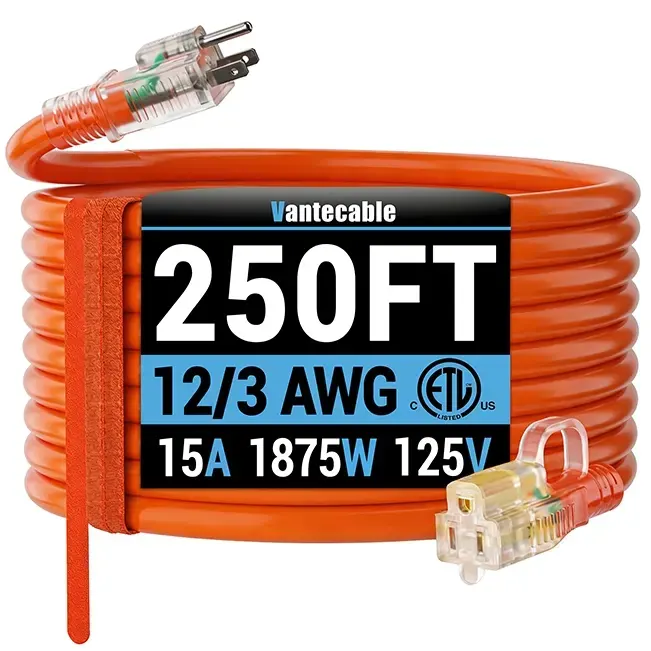 [6ft to 250ft] 12/3 Gauge Heavy Duty Outdoor Extension Cord, Waterproof with LED Lighted End,orange,ETL,flexible