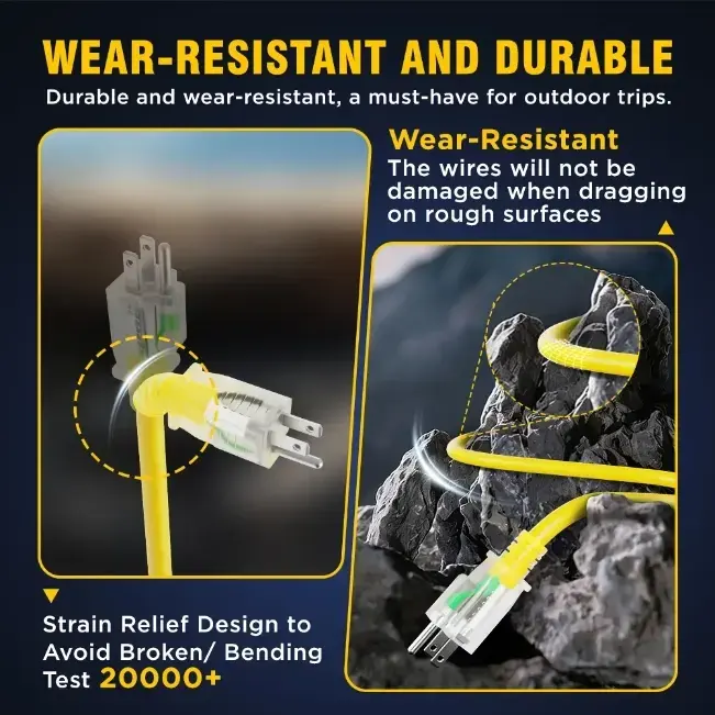 [6ft to 500ft] 12/3 Gauge Heavy Duty Outdoor Extension Cord, Waterproof with LED Lighted End,yellow,Waterproof,ETL,flexible