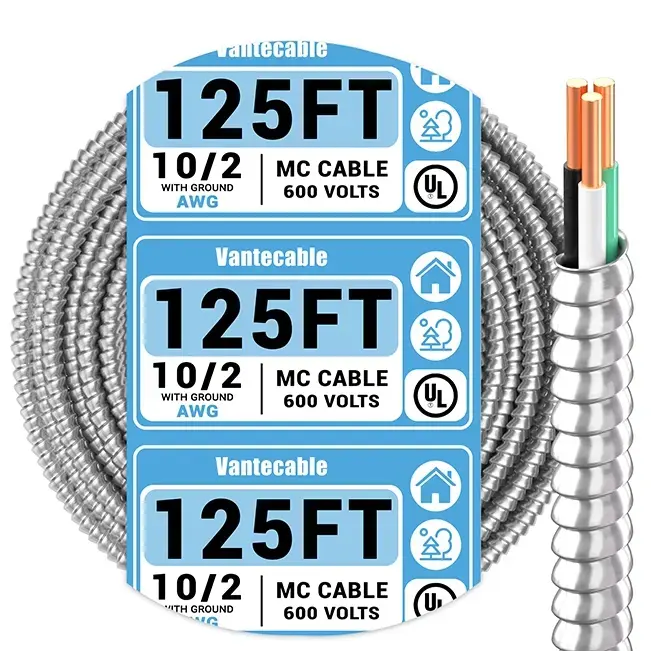 10 AWG MC Cable with Ground, 10 Gauge 2 or 3 Conductors Electrical Wire with Aluminum Armor, Solid Pure Copper Cable,UL Listed
