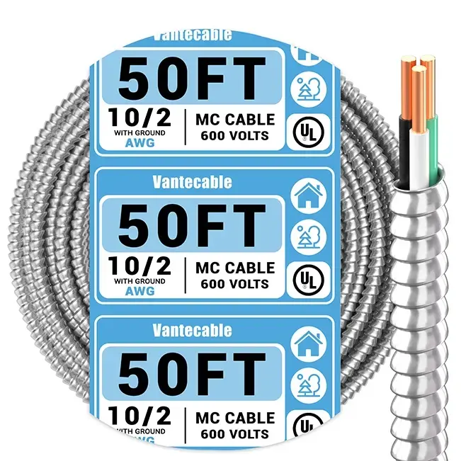 10 AWG MC Cable with Ground, 10 Gauge 2 or 3 Conductors Electrical Wire with Aluminum Armor, Solid Pure Copper Cable,UL Listed