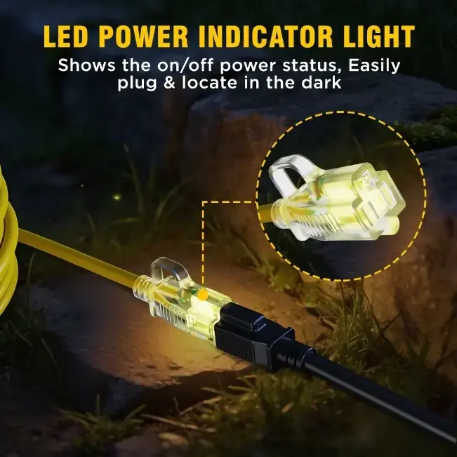 [6ft to 500ft] 12/3 Gauge Heavy Duty Outdoor Extension Cord, Waterproof with LED Lighted End,yellow,Waterproof,ETL,flexible