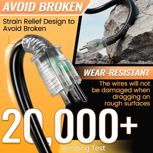 [10ft to 150ft] 12/3 Gauge Heavy Duty Outdoor Extension Cord, Waterproof with LED Lighted End,black,Waterproof,ETL,flexible