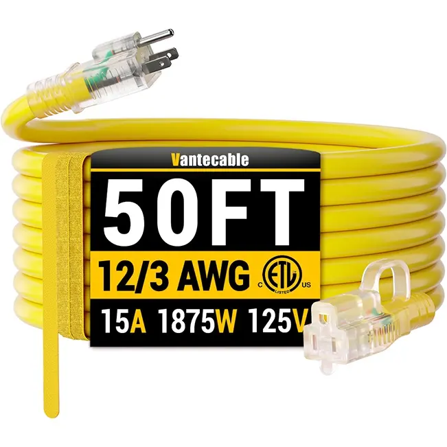 [6ft to 500ft] 12/3 Gauge Heavy Duty Outdoor Extension Cord, with LED Lighted End,yellow,Waterproof,ETL,flexible