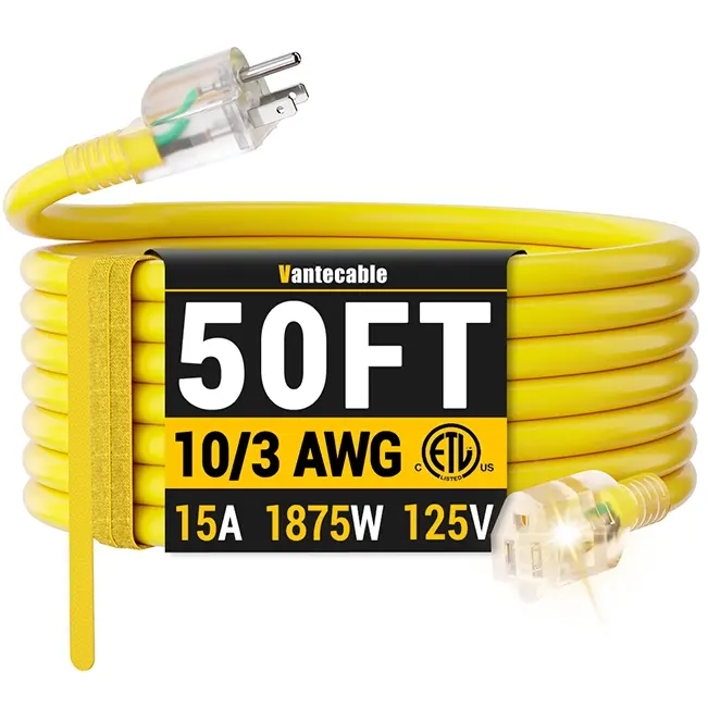 [25ft to 200ft] 10/3 Gauge Ultra Heavy Duty Outdoor Extension Cord, Waterproof with LED Lighted Indicator,yellow,Waterproof,ETL,flexible